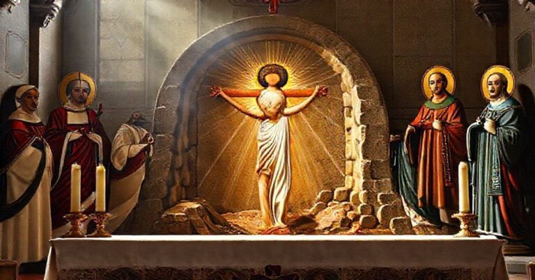 Sobór katolicki z tradycyjną ikonografią przedstawiającym Zmartwychwstanie Chrystusa z Papieżem Piusem XII i Świętym Robertem Bellarminem na tle.