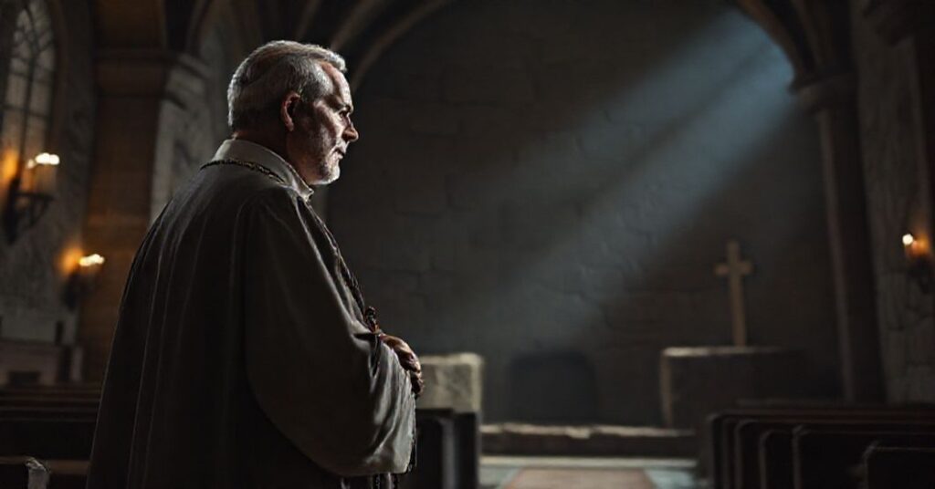 Wizerunek tradycyjnego księdza katolickiego w ciemnym kościele przed pustym grobowcem, symbolizujący prawdziwe zmartwychwstanie Chrystusa.