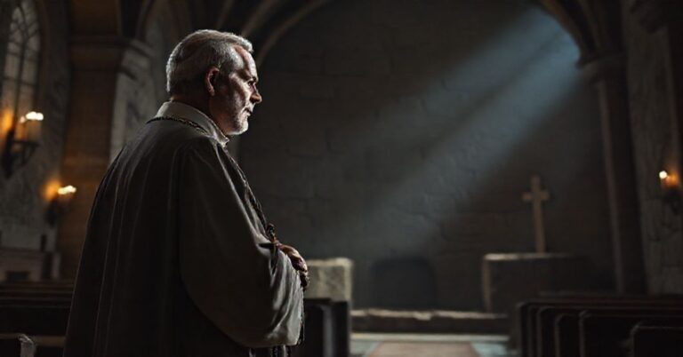 Wizerunek tradycyjnego księdza katolickiego w ciemnym kościele przed pustym grobowcem, symbolizujący prawdziwe zmartwychwstanie Chrystusa.