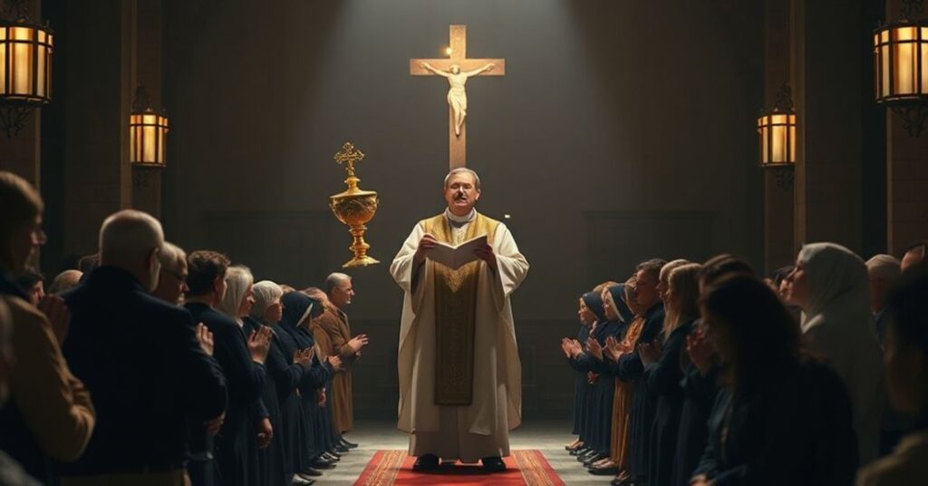 Kapłan trzymający monstrancję z Najświętszym Sakramentem w ciemnym kościele, z wiernymi modlącymi się na kolanach.