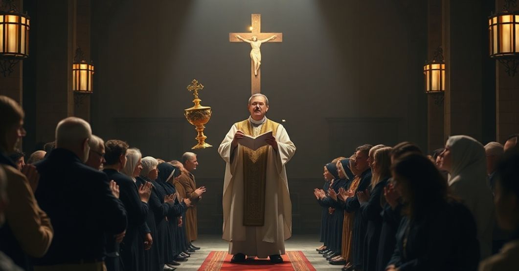 Zmartwychwstanie Chrystusa - prawdziwy cel nadprzyrodzony Kapłan trzymający monstrancję z Najświętszym Sakramentem w ciemnym kościele, z wiernymi modlącymi się na kolanach.