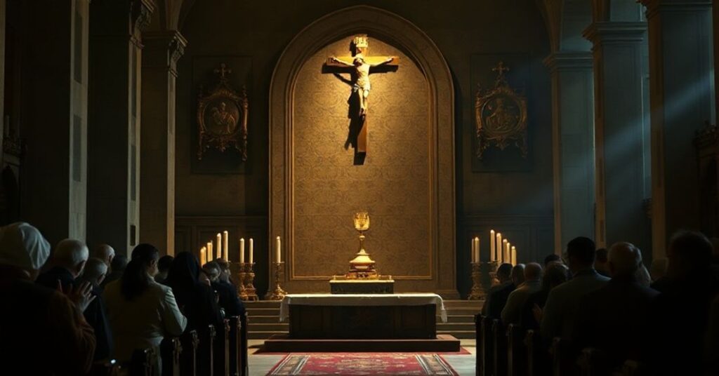 Tradycyjny ołtarz kościelny z pustym grobem symbolizującym Zmartwychwstanie Chrystusa otoczony modlącymi się wiernymi w przedwatykańskim wnętrzu kościoła. Scena podkreśla dogmatyczną prawdę zmartwychwstania ponad redukcję psychologiczną.