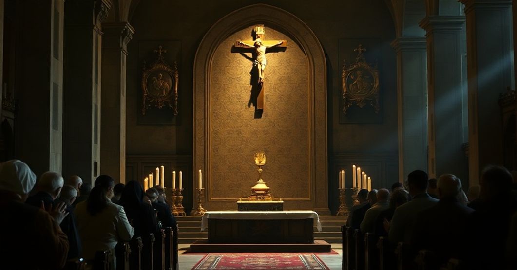 Tradycyjny ołtarz kościelny z pustym grobem symbolizującym Zmartwychwstanie Chrystusa otoczony modlącymi się wiernymi w przedwatykańskim wnętrzu kościoła. Scena podkreśla dogmatyczną prawdę zmartwychwstania ponad redukcję psychologiczną.