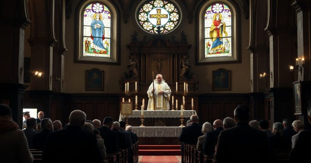 Ciemne wnętrze kościoła z tradycyjnymi symbolami katolickimi podczas mszy św. z kapłanem wygłaszającym kazanie o Zmartwychwstaniu.