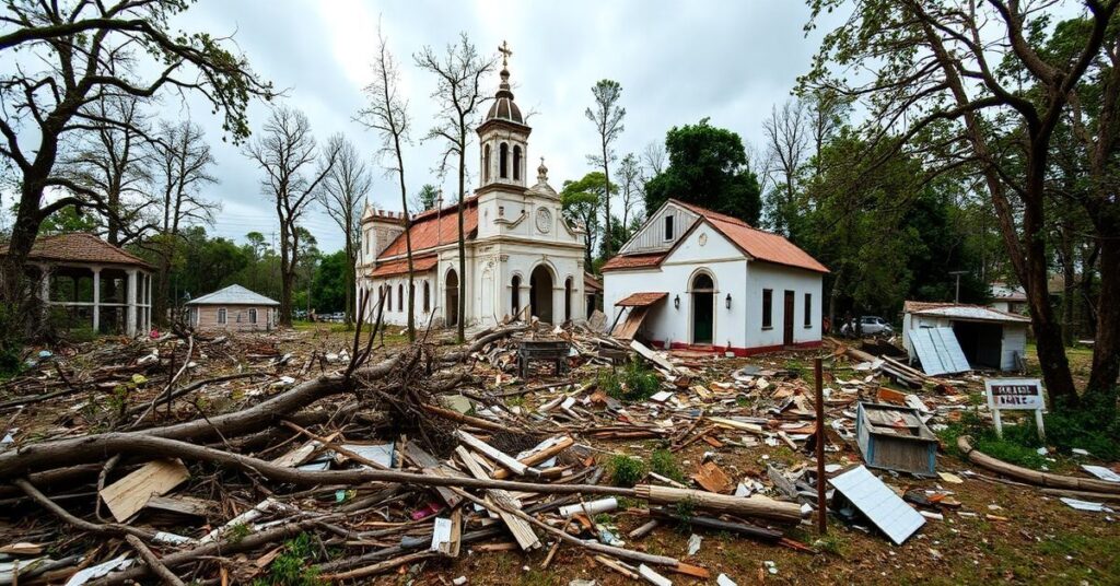 Zniszczenia w sanktuarium fatimskim po sztormie Kristin w 2026 roku - symbolizująca duchowy upadek i modernistyczne odstępstwo.