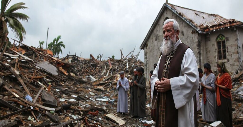 Zniszczenia polskiej misji katolickiej w Maggotty na Jamajce po huraganie, z tradycyjnym księdzem modlącym się wśród ruin.