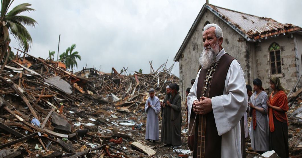 Zniszczenia polskiej misji katolickiej w Maggotty na Jamajce po huraganie, z tradycyjnym księdzem modlącym się wśród ruin.