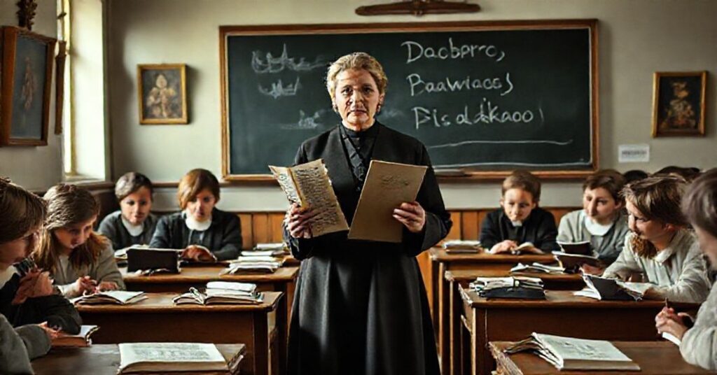 Stoicki uczeń w tradycyjnym klasztornym pokoju szkolnym trzymający książkę z usuniętymi lekturami.