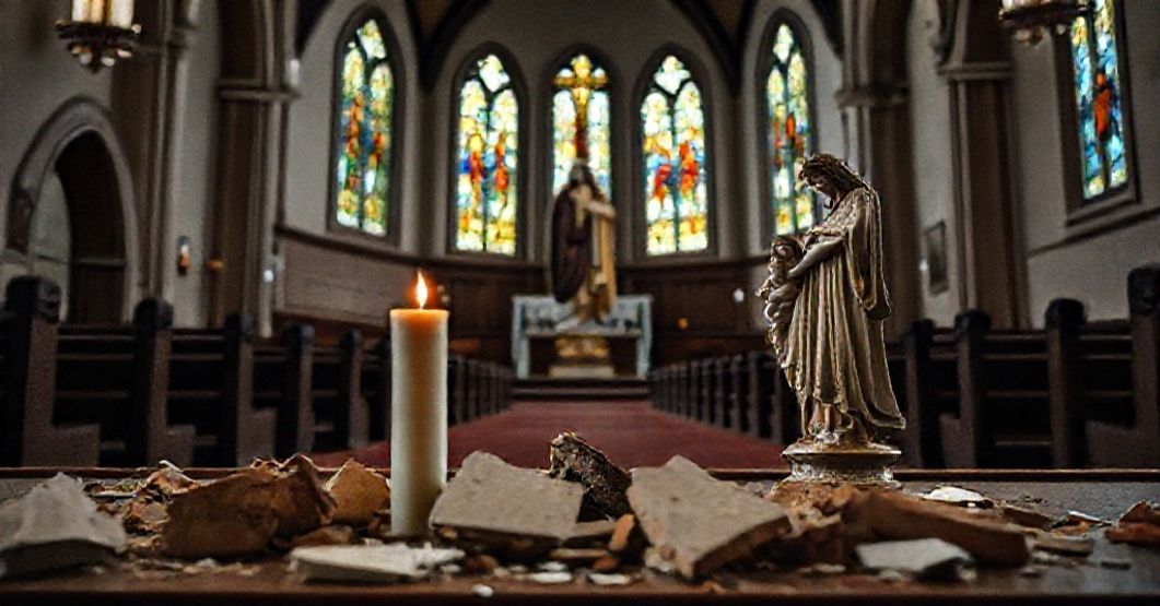 Wnętrze kościoła z uszkodzonymi figurami Matki Bożej i Dzieciątka Jezus w Hopkinsville, Kentucky