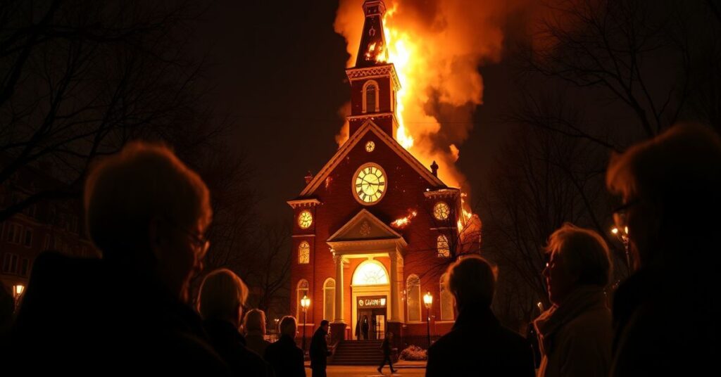 Scena kościoła Saint-Paul w Montrealu z 23 lutego 2026 r., który został zniszczony przez pożar. Wokół budynku widoczni są seniorzy z pobliskiego domu opieki.