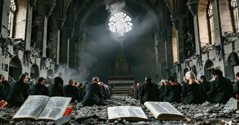 Obraz przedstawiający zniszczony kościół katolicki z dymem unoszącym się nad jego ruinami. Grupy wiernych modlą się w pokucie i smutku.