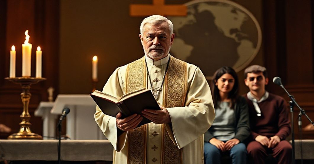 Ksiądz w tradycyjnych szatach kapłańskich stoi przed ołtarzem z płonącym światłem, wyrażając powagę. W tle widoczna jest nowoczesna rodzina w swobodnym ubraniu otoczona symbolami globalistycznymi.