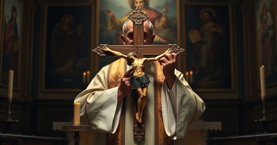 Tradycyjny katolicki kapłan trzymający złamany krzyż z herbem Opus Dei w kaplicy pełnej sakralnego sztuki.