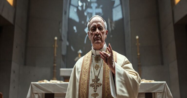 Tradycyjny biskup katolicki w liturgicznych szatach stoi przed uszkodzonym ołtarzem, symbolizując zniszczenie sakramentalnej substancji.