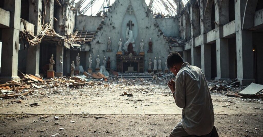 Sobótni mężczyzna modli się przed zniszczonym sanktuarium w El Cobre na Kubie po huraganie "Melissa"