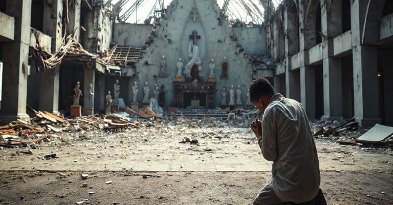 Sobótni mężczyzna modli się przed zniszczonym sanktuarium w El Cobre na Kubie po huraganie "Melissa"