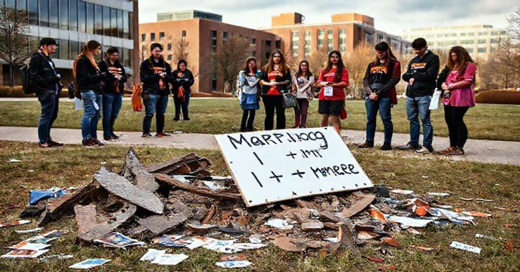 Zniszczone stoisko tradycyjnego małżeństwa na kampusie Uniwersytetu Stanu Oklahoma z grupą studentów w modlitwie