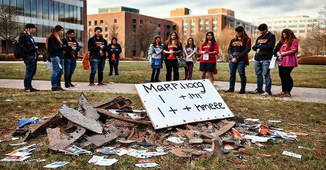 Zniszczone stoisko tradycyjnego małżeństwa na kampusie Uniwersytetu Stanu Oklahoma z grupą studentów w modlitwie