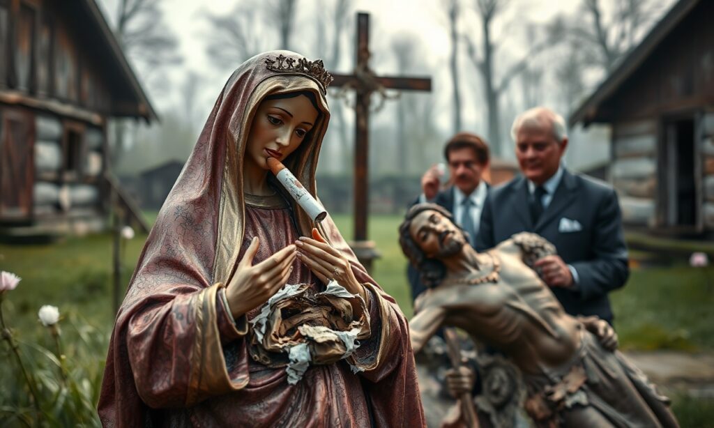 Zdjęcie przedstawiające zniszczoną figurę Matki Boskiej z papierosem w ustach i zniszczoną figurę Jezusa Chrystusa w maronickiej wiosce Debl.