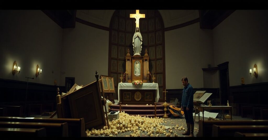 Zniszczona wnętrze kaplicy katolickiej z przewróconym tabernakulum i zniszczoną figurą Matki Boskiej z 1958 roku. Sakrilegijne zniszczenia w szkole Niewiast Niewiniątek w Long Beach.