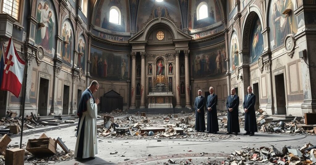 Zniszczona katedra w dawnym Biskupstwie Lubuskim z modlącym się klerykiem i modernistycznym biskupem w tle.
