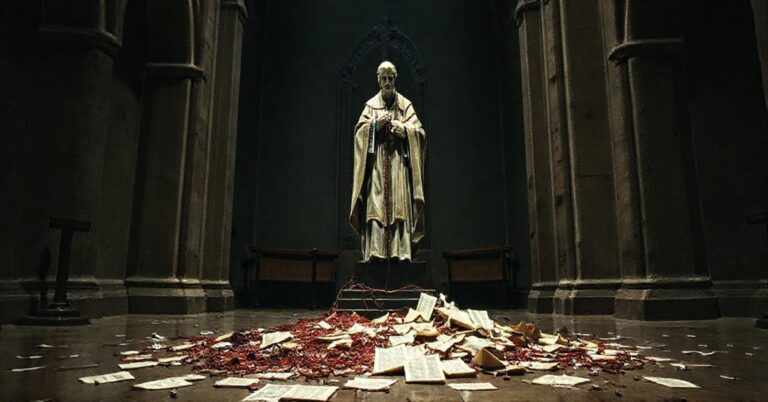 Zniszczona statua Johna Henry'ego Newmana w opuszczonej kościele, symbolizująca zniszczenie katolickiej doktryny przez jego herezje.