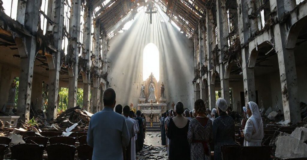 Pokątne sanktuarium Matki Boskiej Miłosierdzia w El Cobre na Kubie po huraganie Melissa, z widocznymi zniszczeniami i modlącymi się wiernymi.