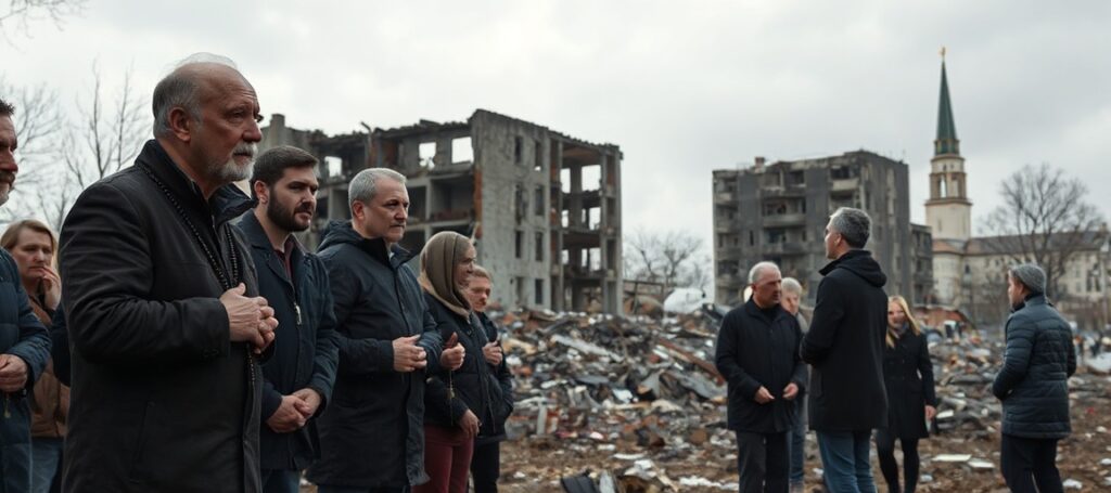 Zniszczony Kijów po rosyjskim ataku dronami i bombami lotniczymi. Prezydent Zełenski i cywile modlą się z różańcami na tle zniszczonego budynku i kościoła.