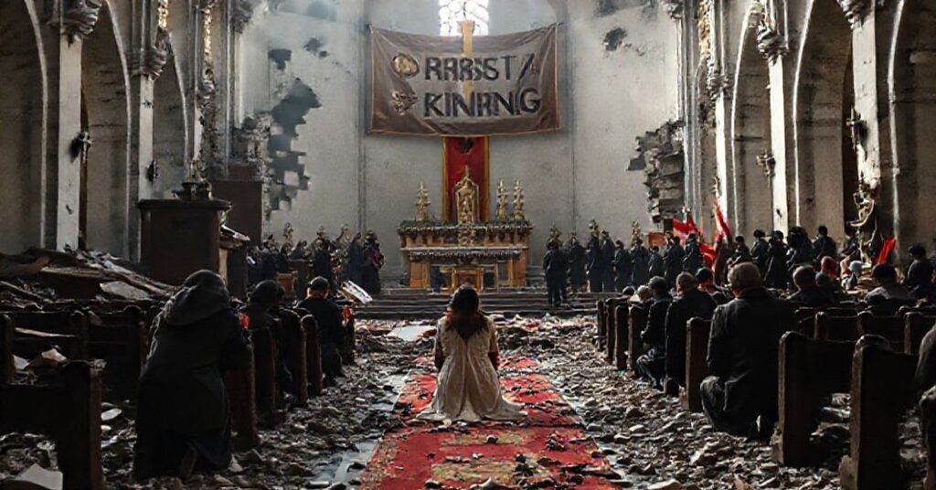 Zniszczony kościół katolicki w Europie z powalonymi posągami i splądrowanym ołtarzem. Wierni modlą się w ruinach.