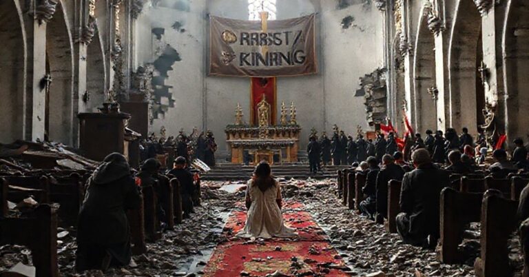 Zniszczony kościół katolicki w Europie z powalonymi posągami i splądrowanym ołtarzem. Wierni modlą się w ruinach.