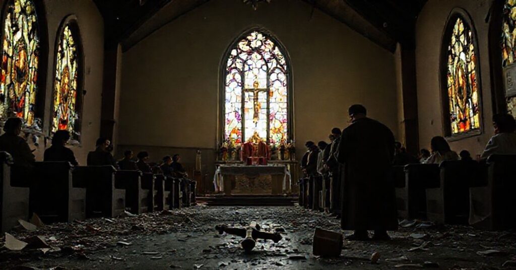 Zniszczony kościół katolicki po próbnym zamachu z terrorystą w tle