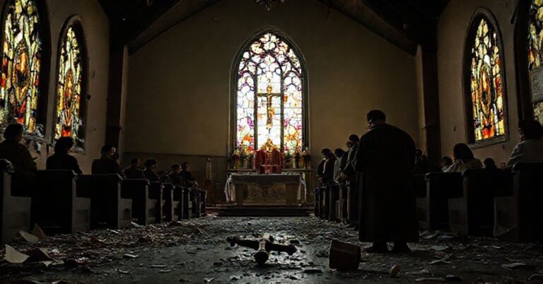 Zniszczony kościół katolicki po próbnym zamachu z terrorystą w tle