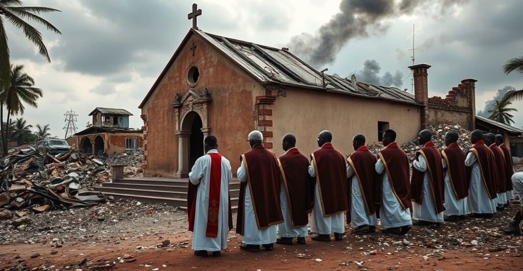 Fotografia realistyczna katolickiego kościoła po ataku terrorystycznym w Kamerunie, z duchownymi modlącymi się na tle zniszczonych ruin