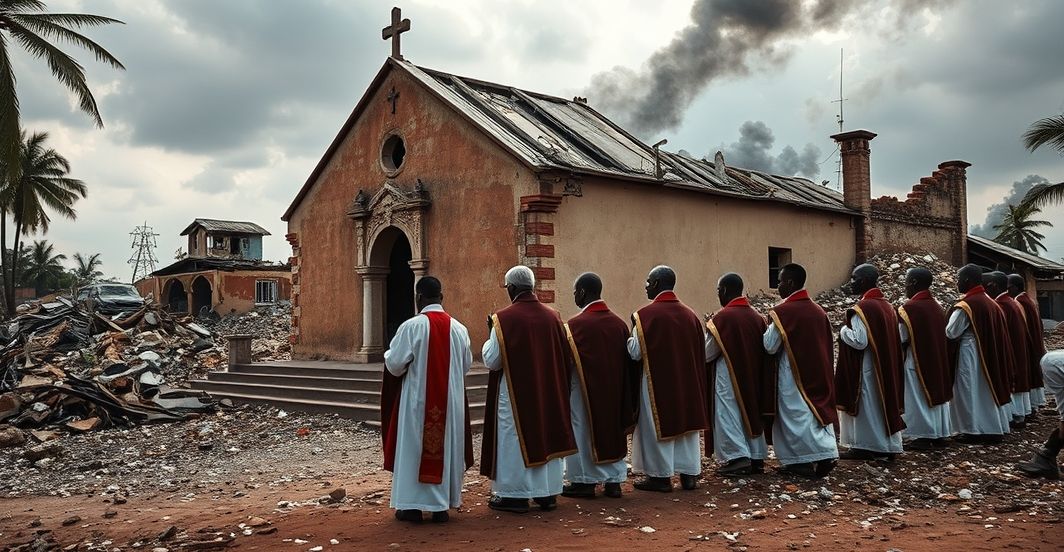 Zniszczony kościół katolicki po ataku terrorystycznym w Kamerunie Fotografia realistyczna katolickiego kościoła po ataku terrorystycznym w Kamerunie, z duchownymi modlącymi się na tle zniszczonych ruin