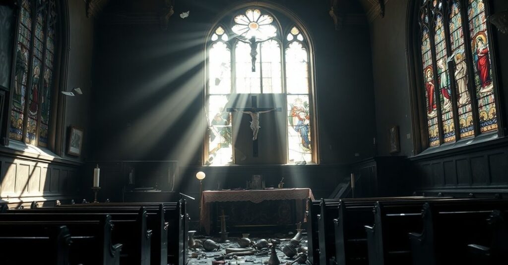 Zniszczony kościół katolicki w Londynie z wandalizowanymi witrażami i rozrzuconym wyposażeniem sakralnym.