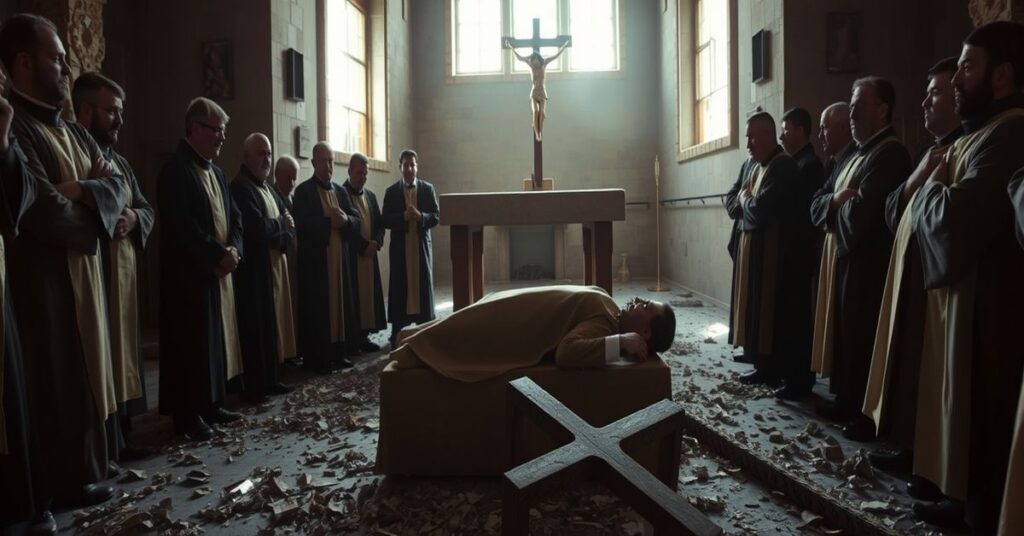 Zniszczone wnętrze kościoła w Qlayaa w Libanie z ciałem rzekomego księdza Pierre'a al-Rahi przed pustym ołtarzem