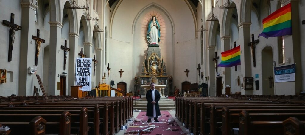 Wnętrze zniszczonego kościoła św. Kolumbany w Oakland z krzyżami zniszczonymi przez wandalów i posągiem Matki Bożej z Guadalupe