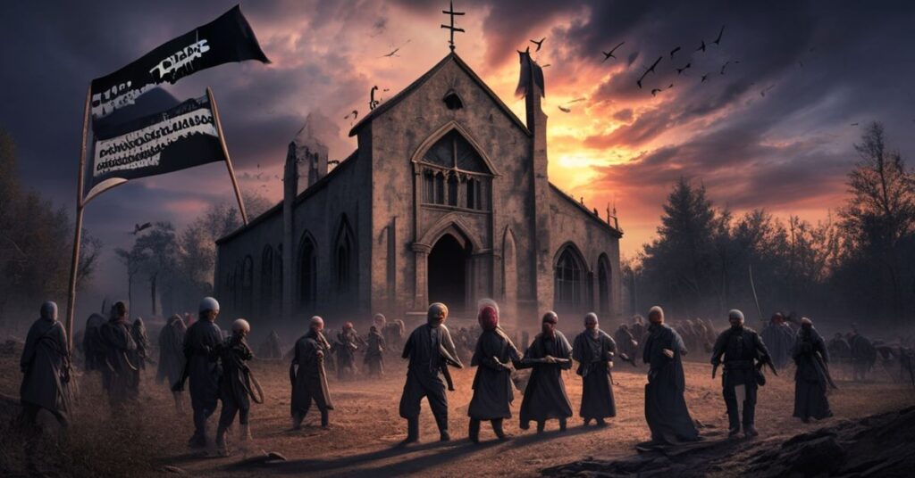 Zniszczony kościół katolicki w Syrii z flagami Państwa Islamskiego w tle