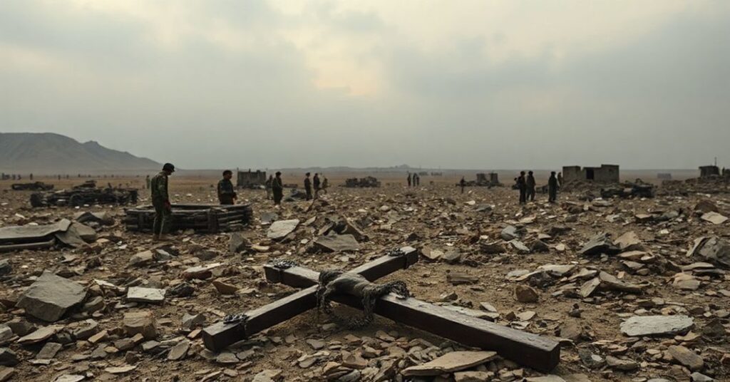 Zniszczony krzyż na polu bitwy w regionie Afganistanu-Pakistanu po zawieszeniu broni