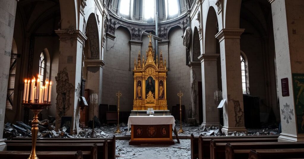 Uszkodzony wnętrze kościoła św. Andrzeja we Lwowie - zniszczony ołtarz i tabernakulum po ataku rosyjskim.