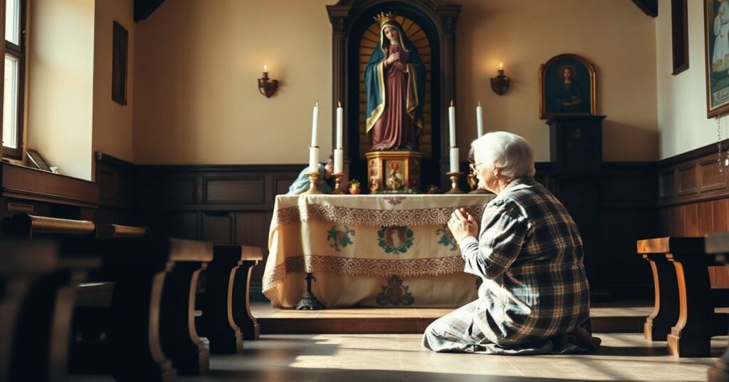 Zofia Kossak-Szatkowska modli się przed wizerunkiem Matki Boskiej Częstochowskiej w kaplicy w Górkach Wielkich.