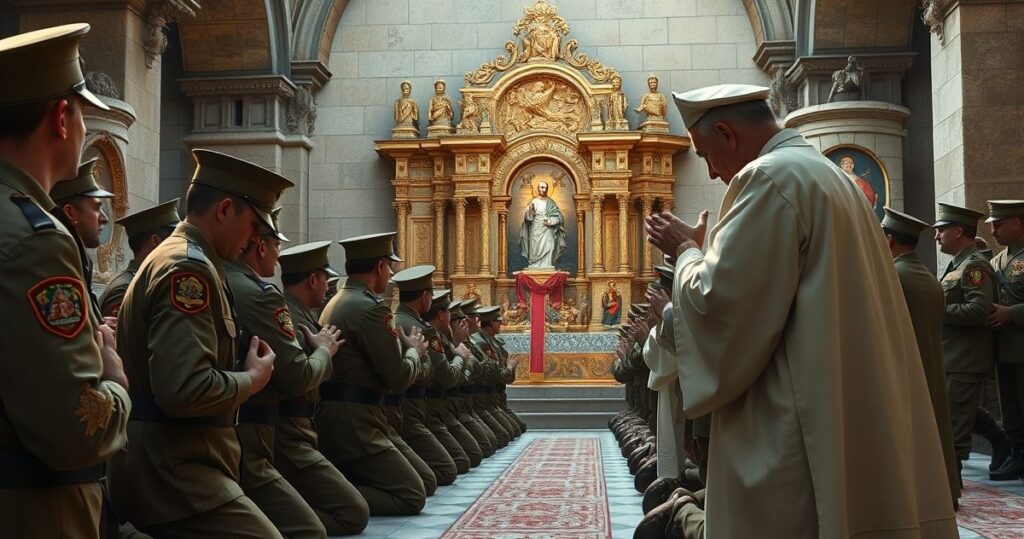 Realistyczny obraz żołnierzy w tradycyjnych strojach wojskowych na pielgrzymce, modlących się przed kaplicą lub ołtarzem, ukazujący ich pobożność i pokorę w kontekście katolickiej duchowości.