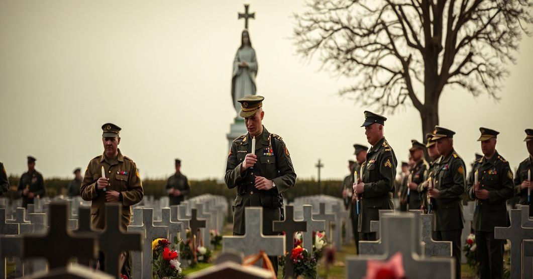 Żołnierze stoi przy grobach poległych, trzymając znicze i kwiaty, w atmosferze żałosnej, ale czcigodnej. Scena podkreśla oddanie dla poległych, ale brak wyraźnego religijnego wymiaru.