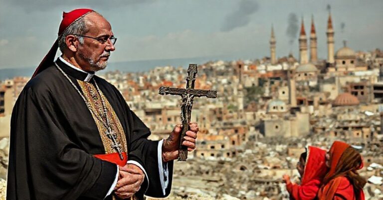 Katolicki biskup w tradycyjnych szatach liturgicznych stoi przed zniszczonym pejzażem libańskim z ruinami kościołów i meczetami na tle. Jego twarz wyraża smutek i rozczarowanie podczas patrzenia na złamany krzyż trzymany przez młodą chrześcijańską rodzinę.