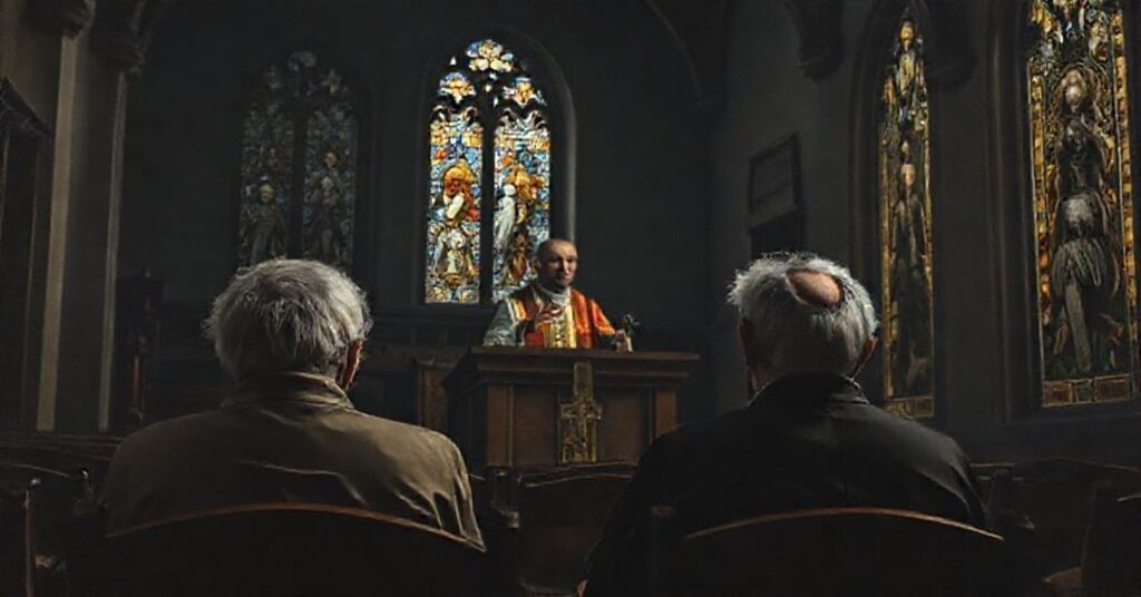 Scena przedstawiająca kryzys w duszpasterstwie rodzin w Kościele po Soborze Watykańskim II. Zdesperowana para siedzi w kościele z modernistycznym wnętrzem.