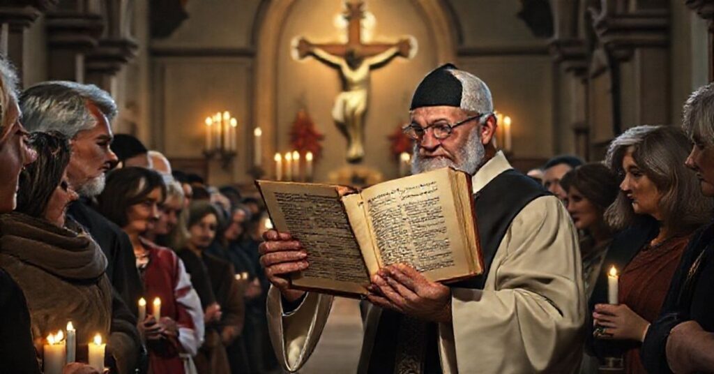 Grupa tradycyjnych katolików modli się w starej kaplicy z księdzem trzymającym dzieło Piusa X