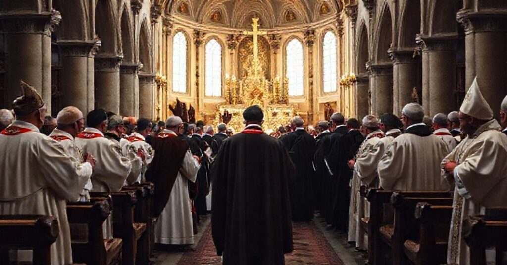 Tradycyjna katolicka liturgia w historycznym kościele kontrastuje z modernistycznymi biskupami w niewłaściwym stroju.