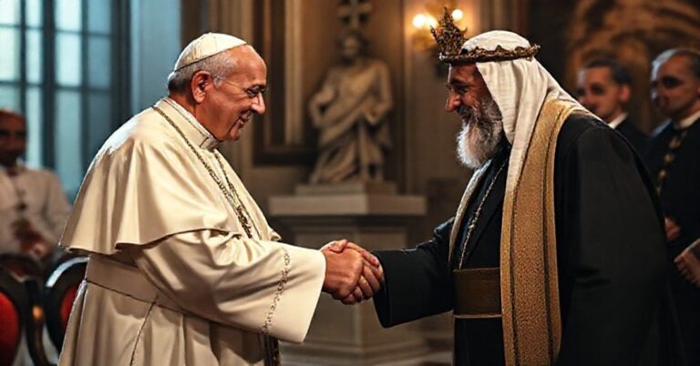 Obraz przedstawiający spotkanie fałszywego "papieża" z prezydentem Autonomii Palestyńskiej Mahmudem Abbasem w Watykanie, symbolizujące zdradę panowania Chrystusa Króla.