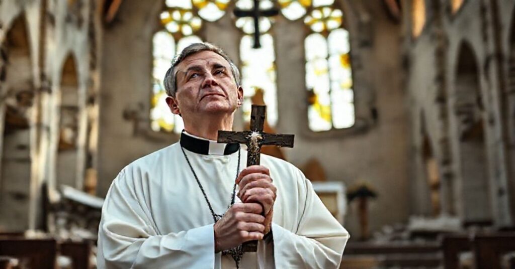 Prawnik katolicki w ruinach ukraińskiego kościoła greckokatolickiego z krzyżem podczas wojny