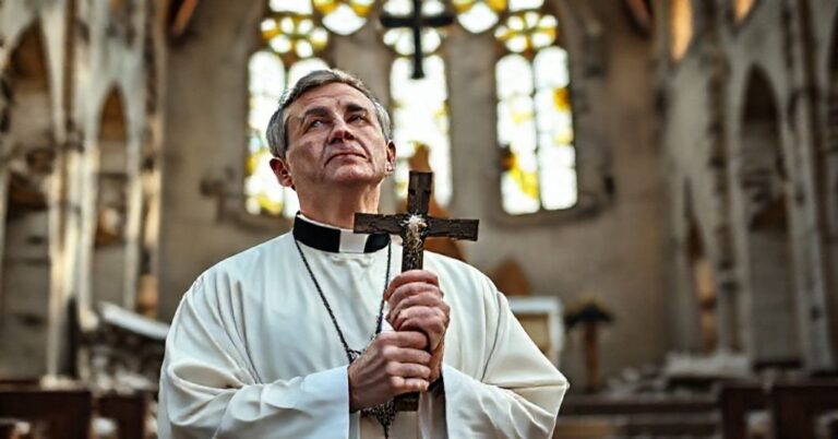 Prawnik katolicki w ruinach ukraińskiego kościoła greckokatolickiego z krzyżem podczas wojny